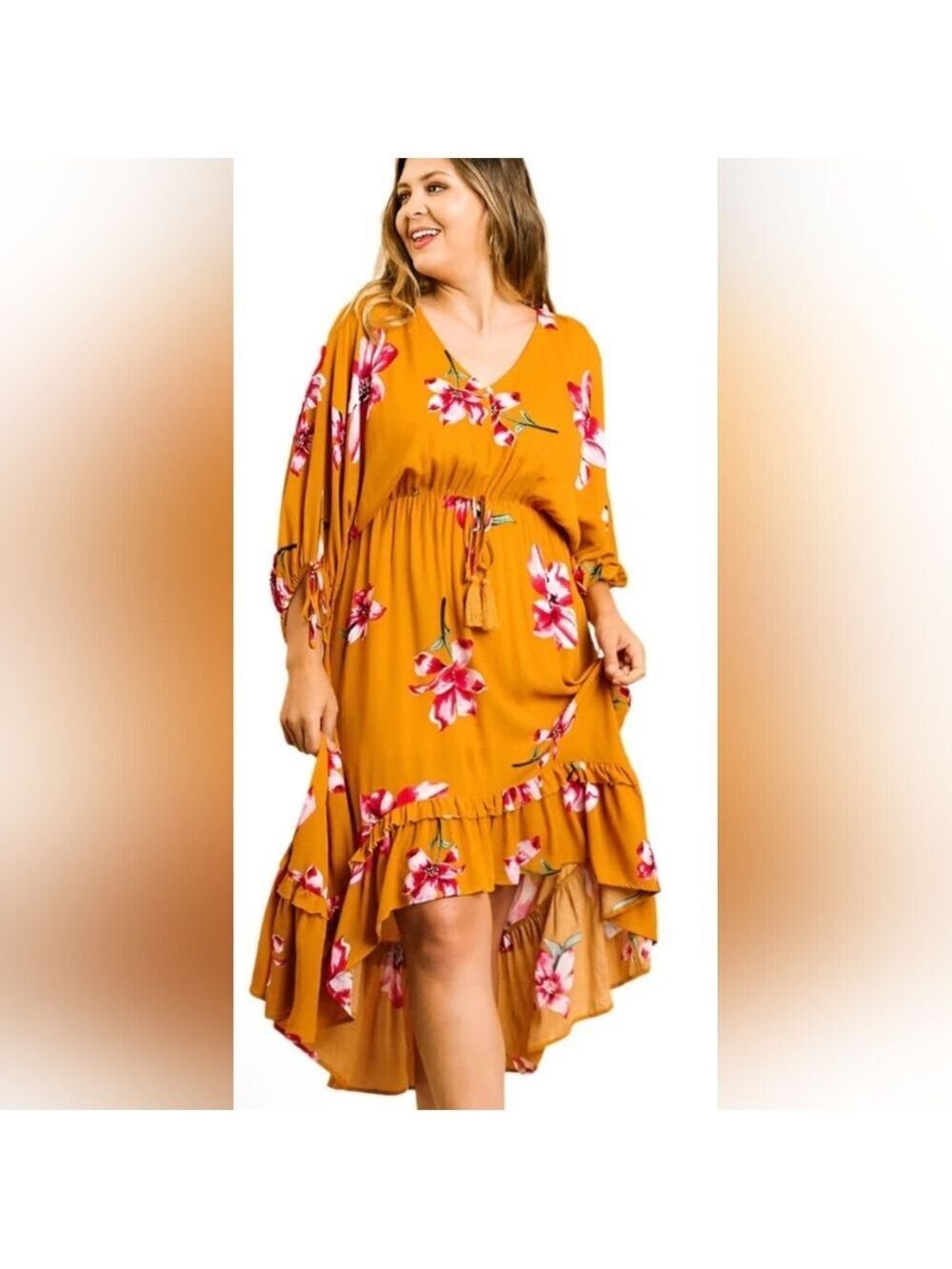 UMGEE Mustard Bohemian Ruffle Bottom Hi-Low Maxi Dress | Floral Boho Midi Dress - Picture 3 of 10